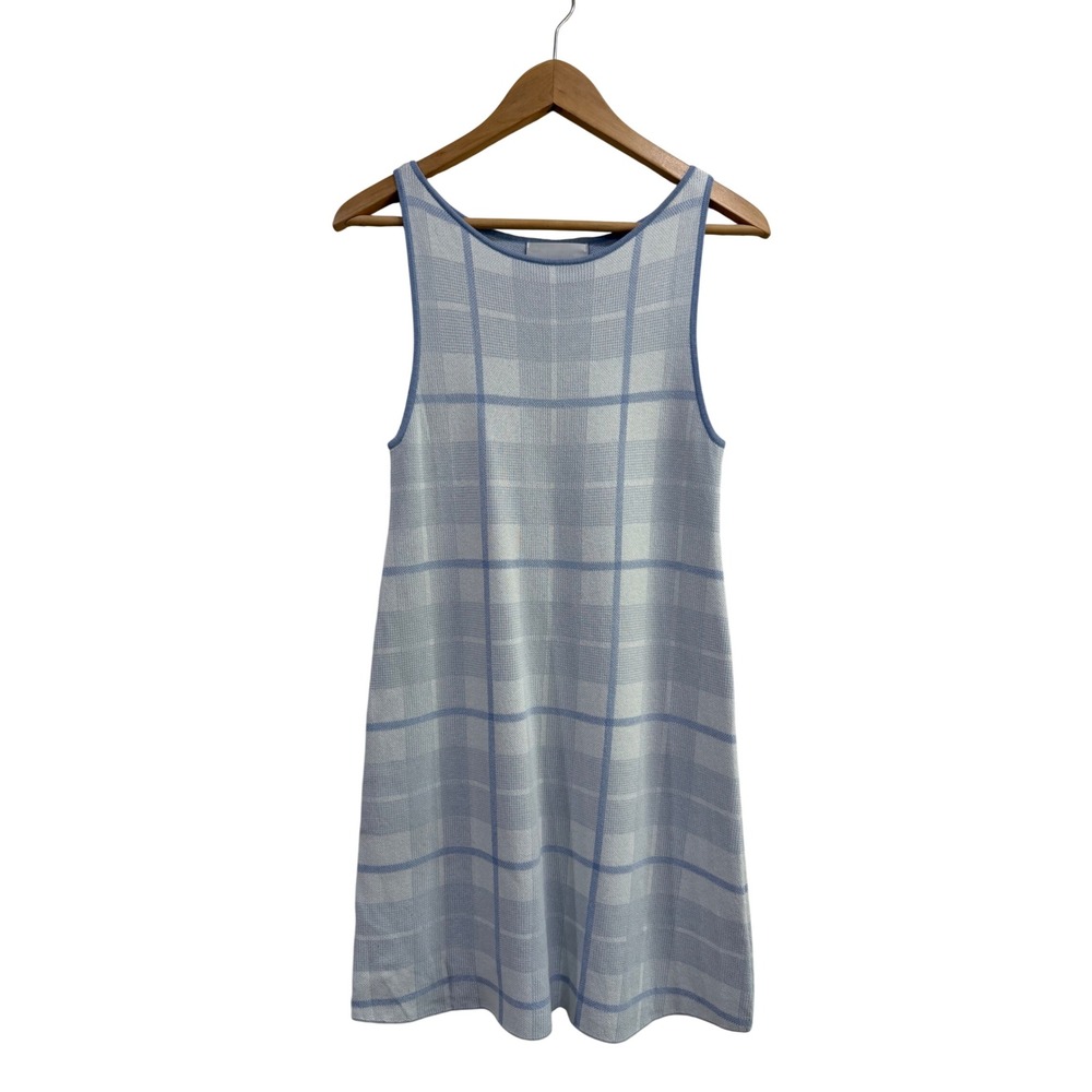 525 America Wide Scoop Neck Shift Dress Arctic Ice Plaid Prep Blue Knit Sz S
